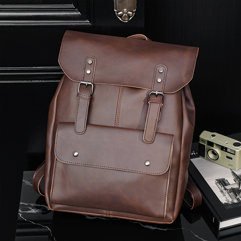 Leather Work Rucksack - Vintage Men's Leather Backpack Bookbag 14
