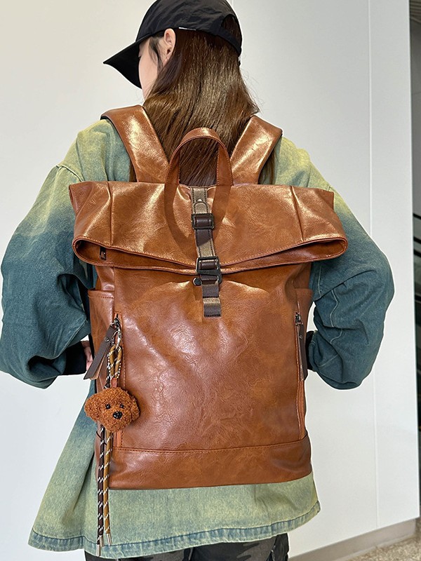 Leather Work Rucksack - European American Vintage Roll Top Backpack