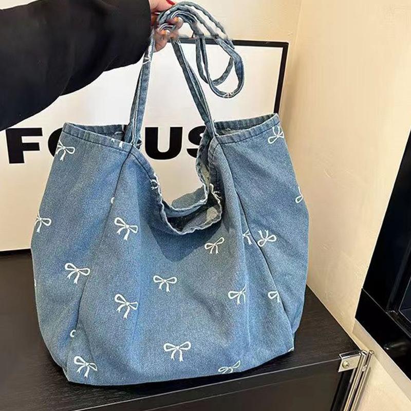 Leather Work Handbags - Ladies Bow Decor Denim Canvas Tote
