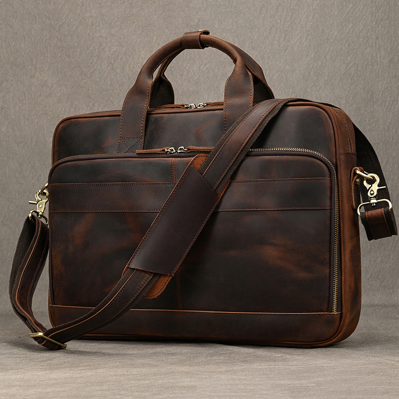 Leather Work Folder - Crazy Horse Genuine Leather Men Briefcase