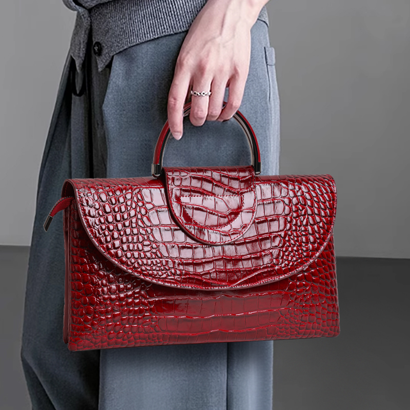 Leather Work Handbag - Aidrani Cowhide Women Handbag, Crocodile Embossed