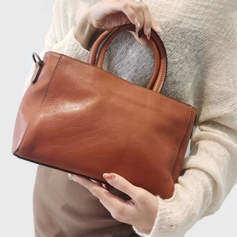 Leather Work Handbag - Top-Handle Bags Women Natural Cowhide Handbags