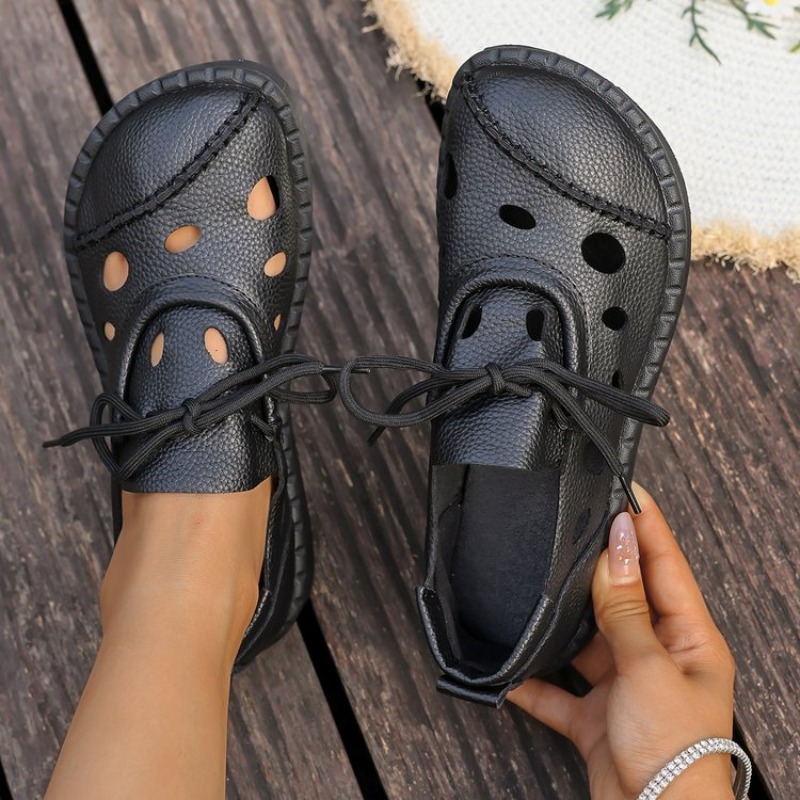 Leather Work Flats - 2026 Summer New Hollow-Out Lace-Up Sandals