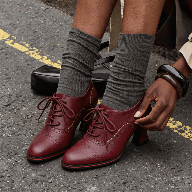 Leather Work Flats - Women’s Faux Leather Brogue Oxford Heels