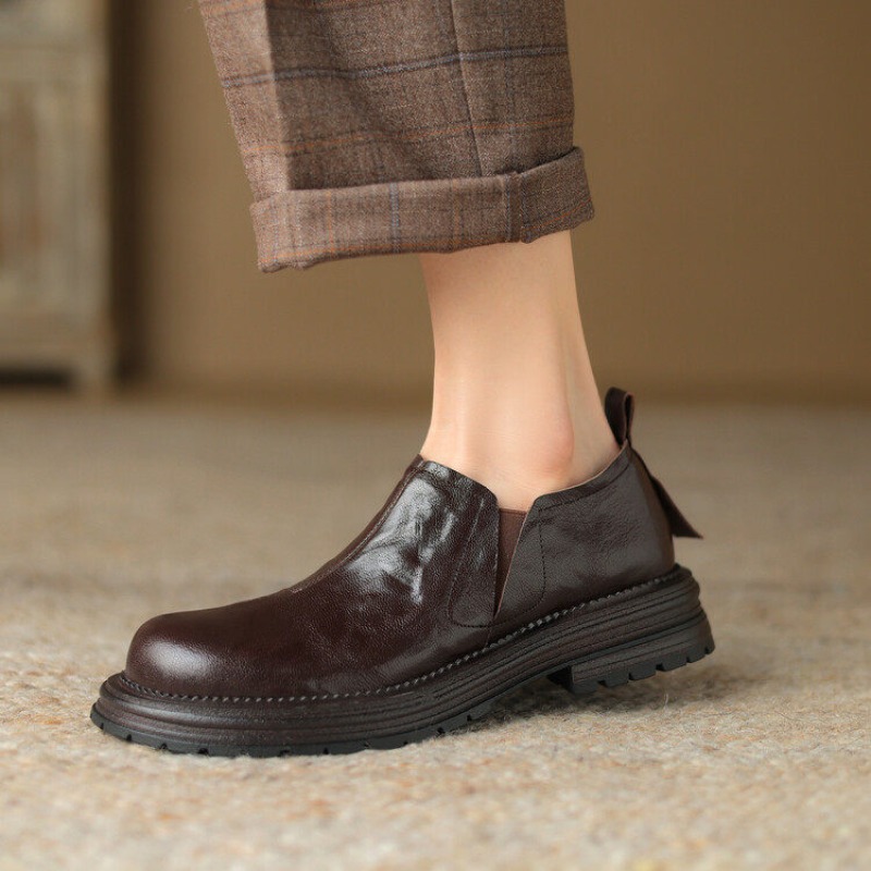 Leather Work Flats - British Style Round Toe Genuine Leather