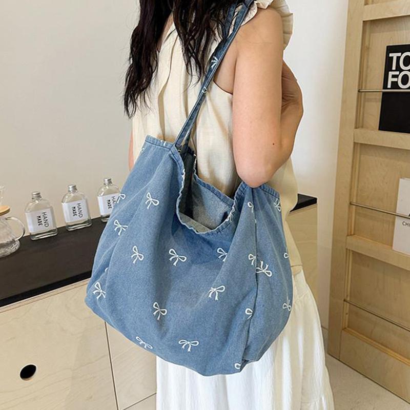 Ladies Bow Decor Denim Canvas  - Leather Work Handbags review and price