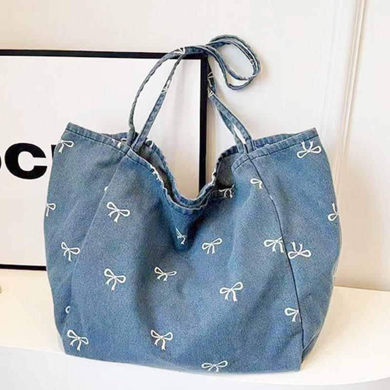 Ladies Bow Decor Denim Canvas  - Leather Work Handbags review and price